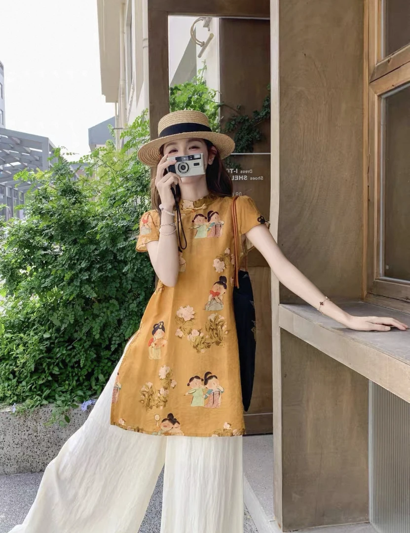 【李姑娘专属】5299新中式盘扣改良旗袍短袖上衣裤子套装