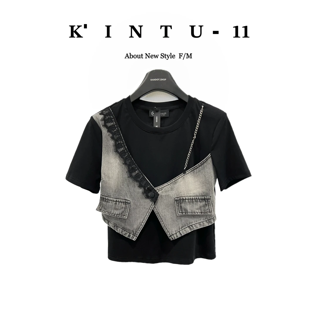 【K-11】原创设计 “AB面T”天丝链条牛仔马甲拼假两件短袖T恤B88235