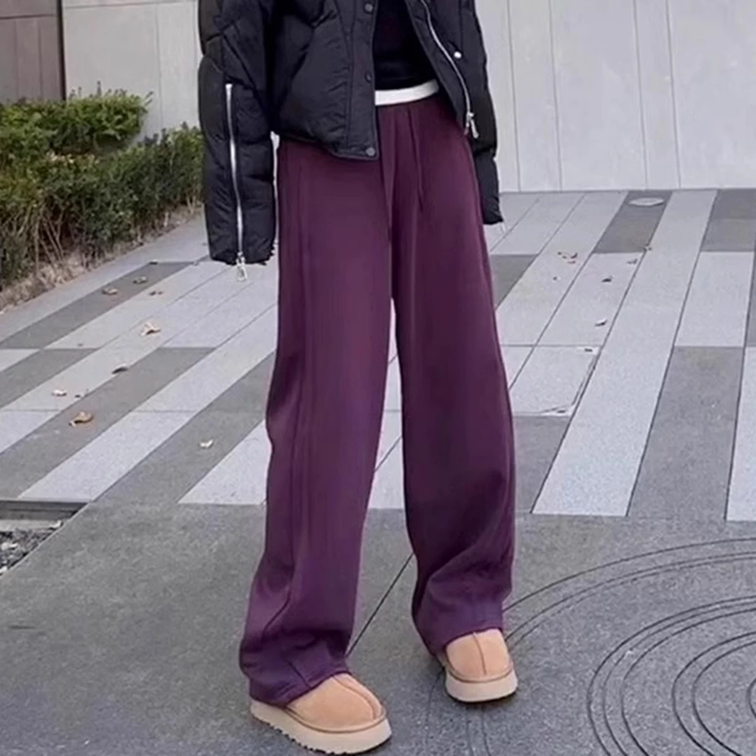 紫色加绒加厚运动阔腿裤女秋冬季新款宽松欧货高腰宽松休闲卫裤子