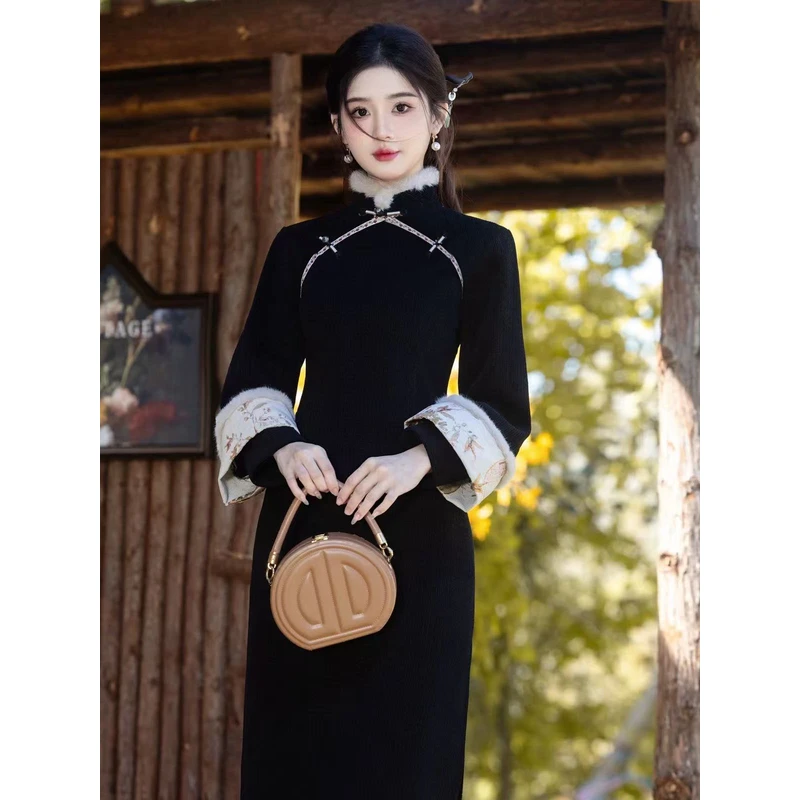 1567 黑色 美玲襟 缠结扣 双袖 【墨灰】 旗袍【款式以直播间为准】
