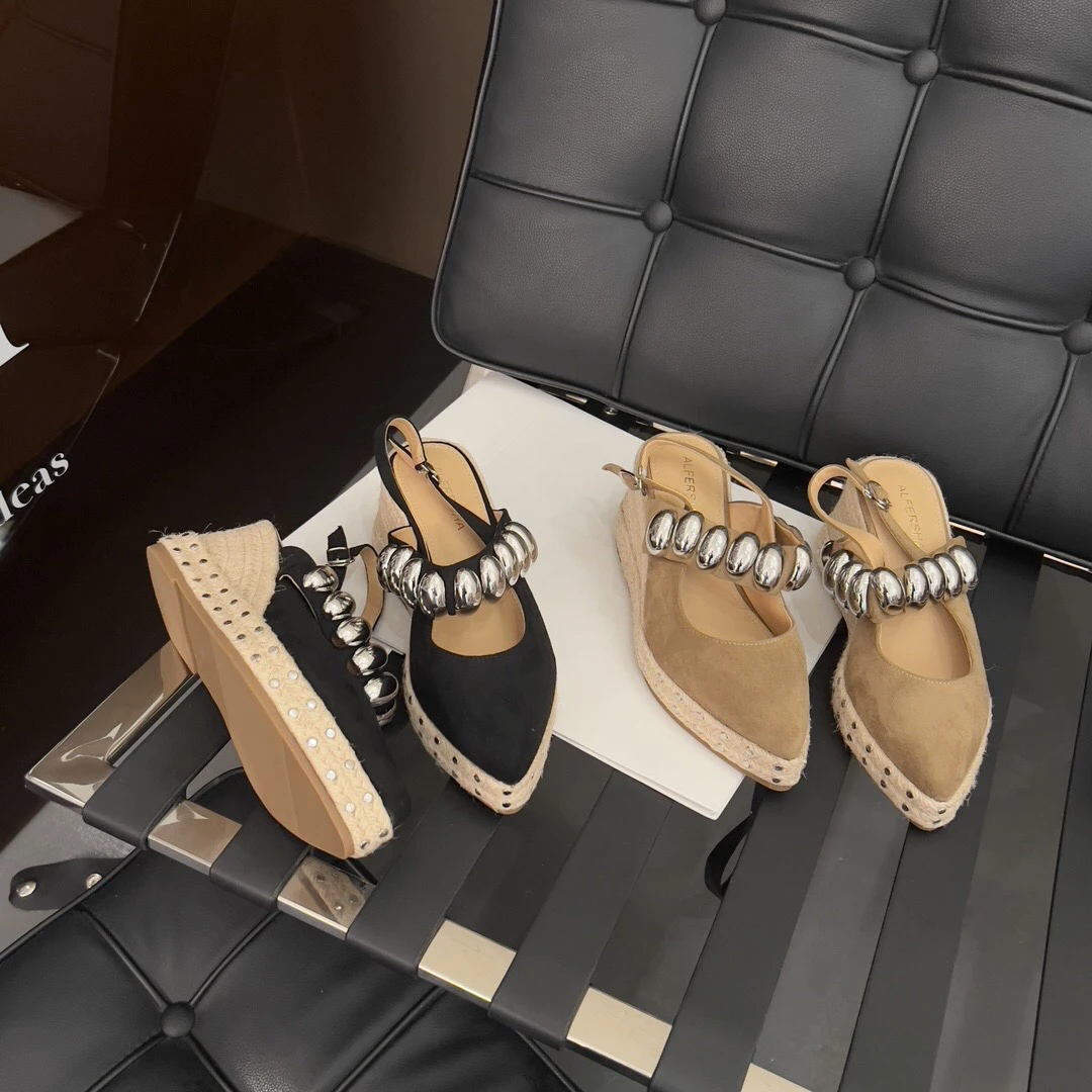 尖头包头大坡跟中高跟手工压金属扣铆钉麻绳编织松糕跟凉鞋女鞋子