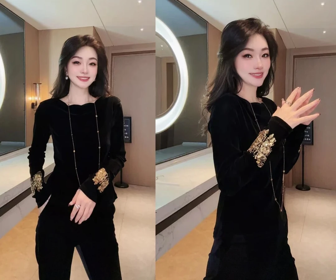 轻奢洋气黑色丝绒小衫长袖圆领轻熟风复古钉珠新中式国风上衣9067