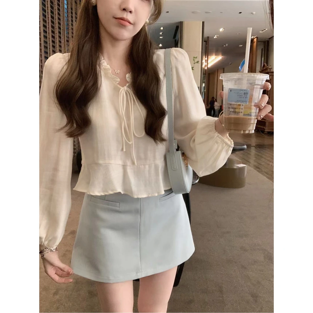 安安 优雅气质防晒花边收腰设计感长袖衬衫女