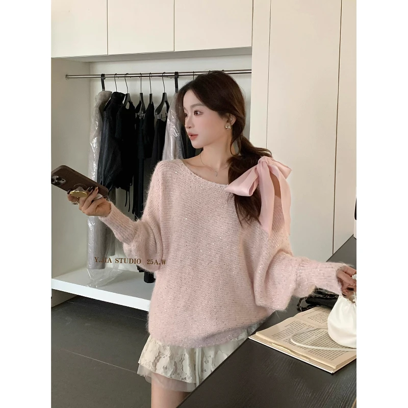 韩系元气少女糖果色亮丝系带露肩软糯设计感针织衫毛衣