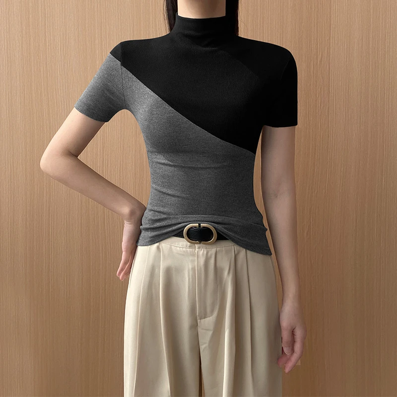 2025早春新款短袖t恤女正肩夏季撞色半高领上衣服修身显瘦打底衫