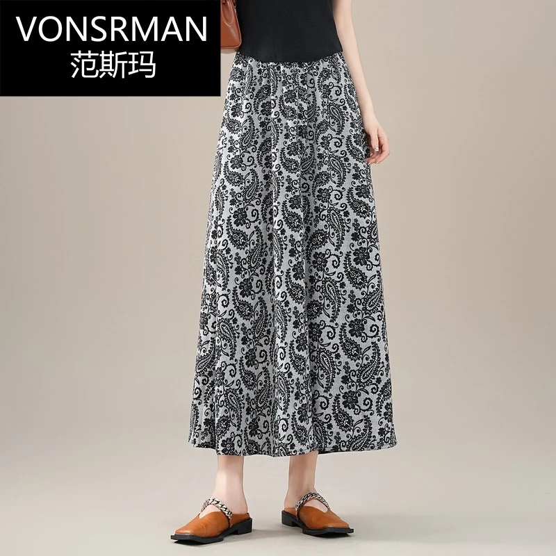 VONSRMAN复古松紧腰印花半身裙女夏季2025新款缎面腰果碎花长裙大