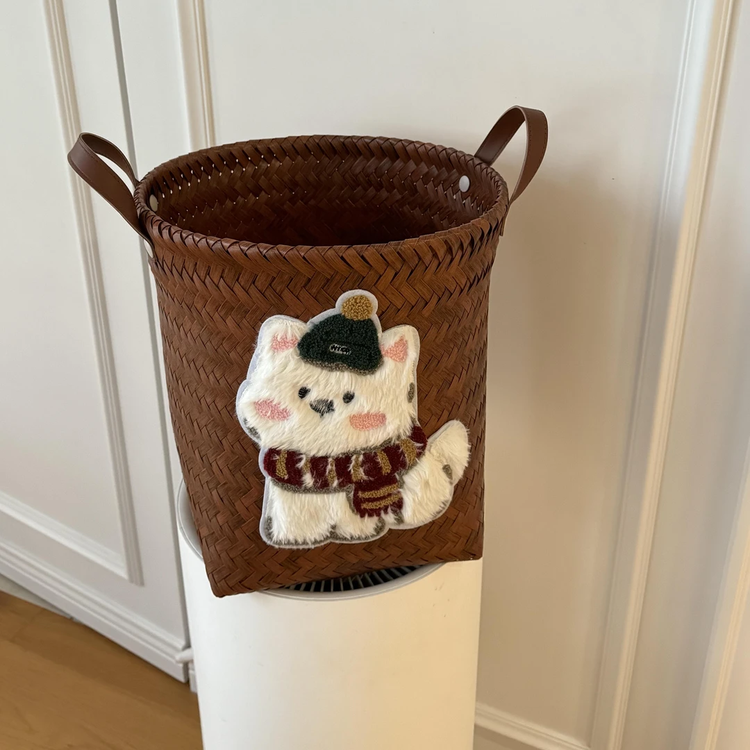 可爱长毛小狗加大圆款大容量编织脏衣篮复古仿藤编杂物零食收纳筐