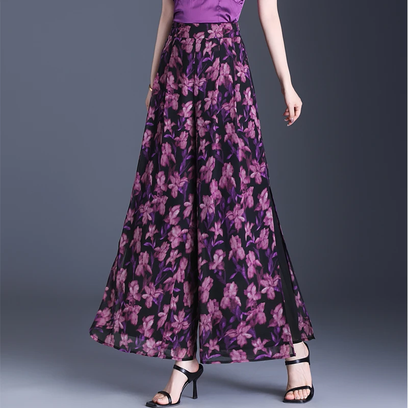 碎花阔腿裤女夏季新款印花雪纺开叉垂感裙裤薄款长款裤裙休闲长裤