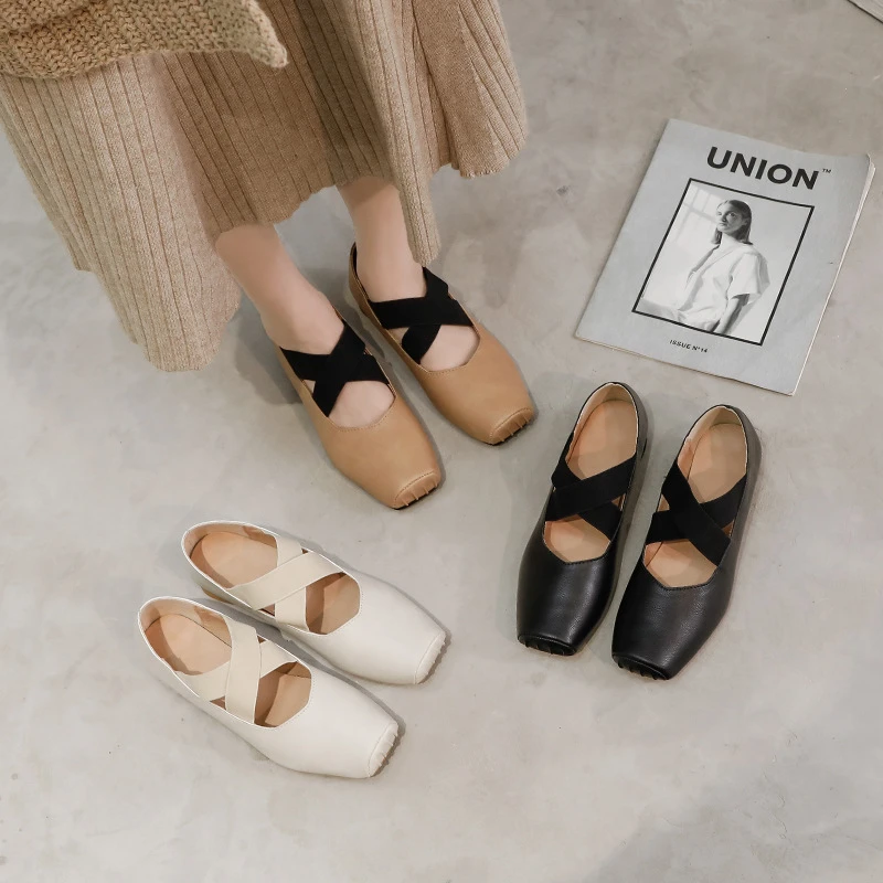 芭蕾舞单鞋外穿2025新款交叉带方头复古春秋季浅口粗跟玛丽珍女鞋