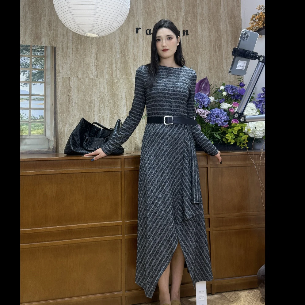 Rayhon小众设计感复古条纹不规则收腰连衣裙韩系气质穿搭