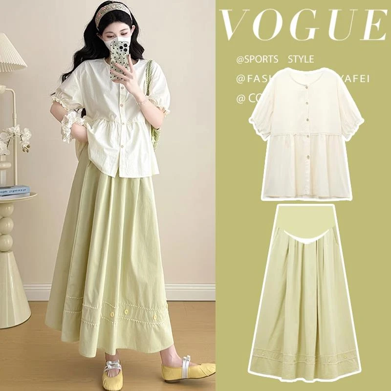 孕妇夏外穿2025新款休闲宽松棉麻娃娃衫衬衫上衣半身裙两件套