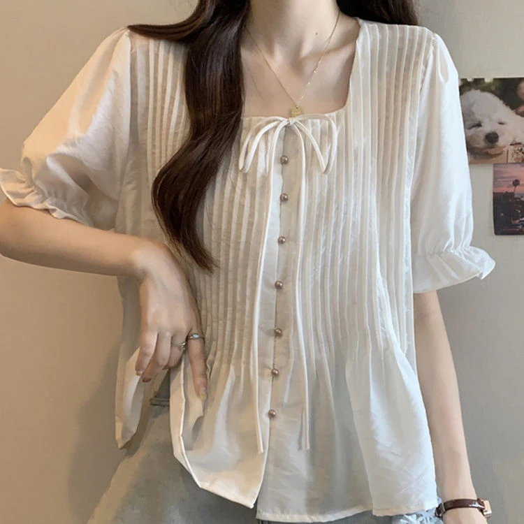 大码女装遮肚子荷叶边减龄百褶衬衫女夏季胖妹妹宽松显瘦正肩上衣