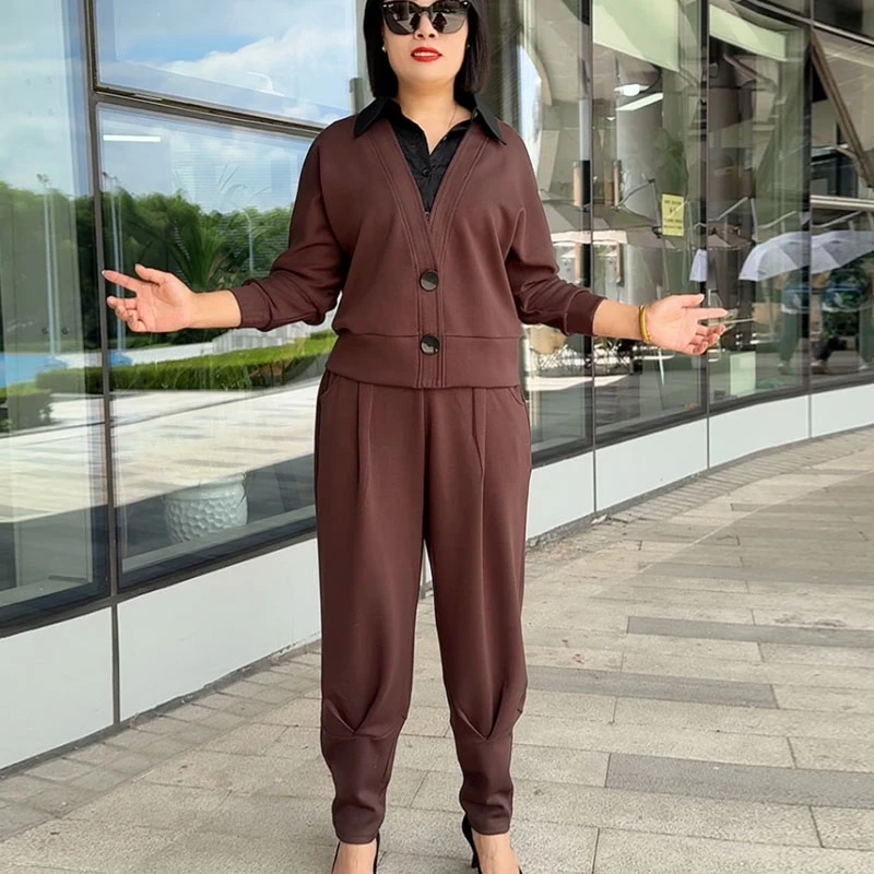 2025年春秋款时尚洋气显瘦遮肉POLO领长袖厚款宽松气质妈妈套装女