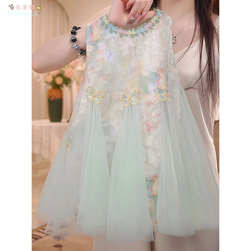 女童花边碎花连衣裙2025夏款背心裙拼接网纱仙女裙蝴蝶沙滩裙无袖