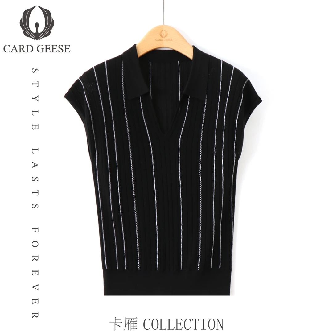 Card&Geese/卡雁时尚竖条纹翻领显瘦飞飞袖上衣 MYJ-25S771-25133