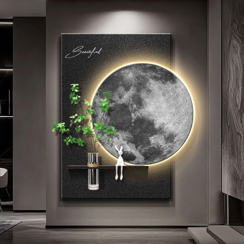 轻奢高级感入户玄关装饰画黑白月球壁灯客厅走廊过道水培绿植挂画