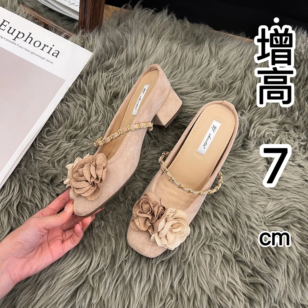 内增高女鞋山茶花包头拖鞋女2025夏季新款法式金属链条粗跟一字拖