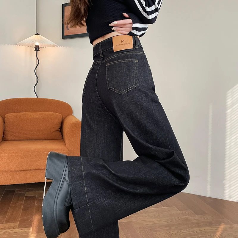 加绒阔腿牛仔裤女长裤秋冬季新款宽松显瘦设计感小众直筒拖地裤子