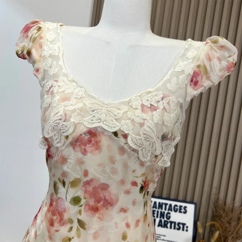 你的懒巡之际网纱绣波点+碎花两色夏季领连衣裙女