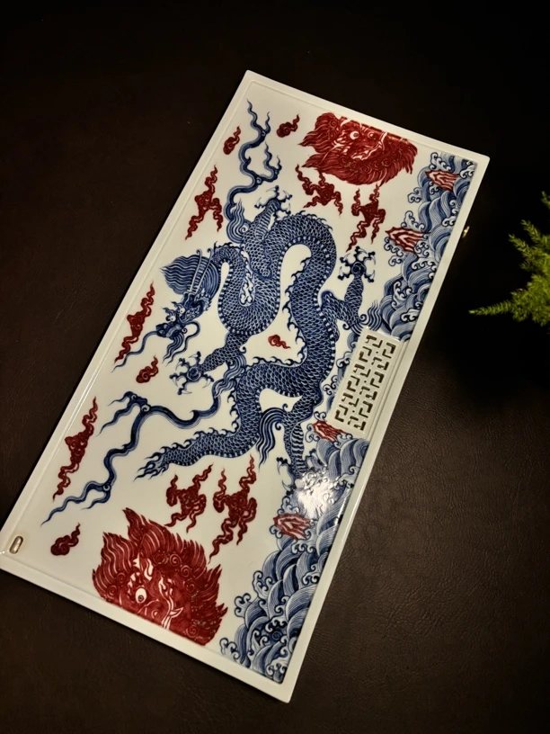 景德镇陶瓷仿明手工手绘纯原矿釉里红龙纹兽首干湿泡台茶台茶具