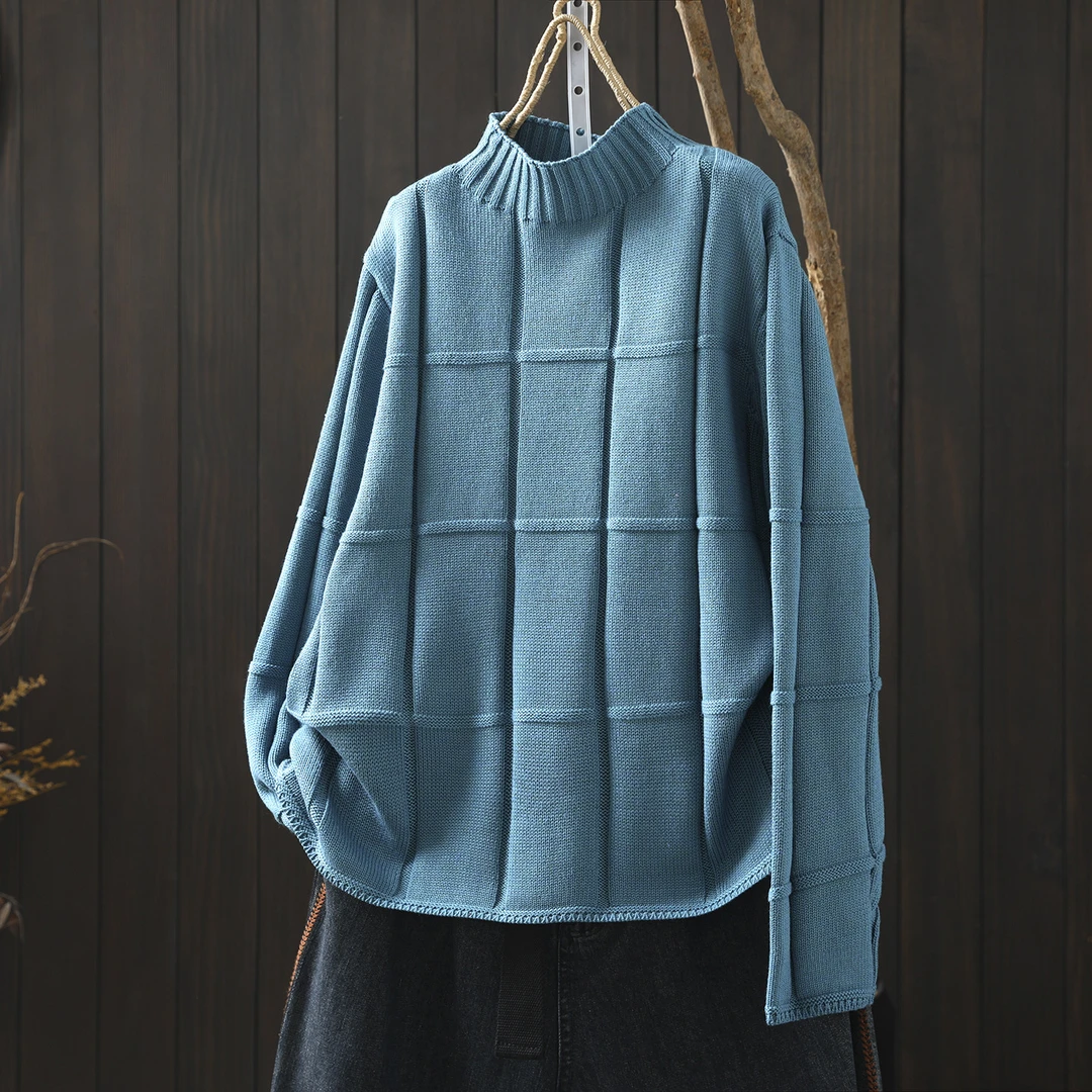 毛衣女冬季高级感2025新款蓝色棉线针织半高领纯色文艺宽松毛线衣