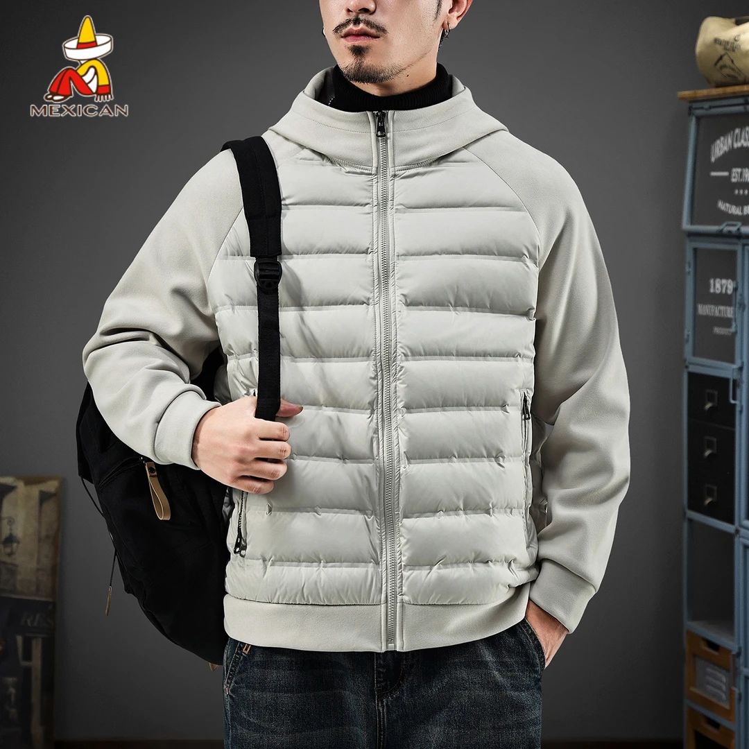 Mexican/稻草人冬季轻薄排骨羽绒服男款高级感90鹅绒连帽拼接外套
