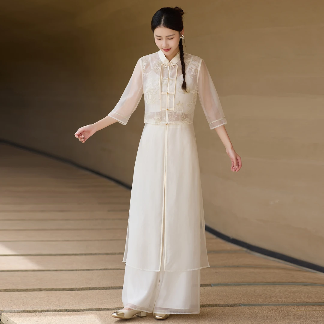 改良中式国风元素旗袍夏季套装女2025新款刺绣气质唐装提花连衣裙