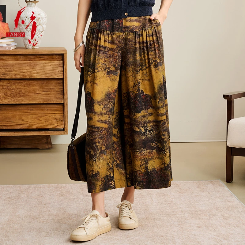 TANGY/天意2025春季新款民族风复古8分印花阔腿休闲裤2252503