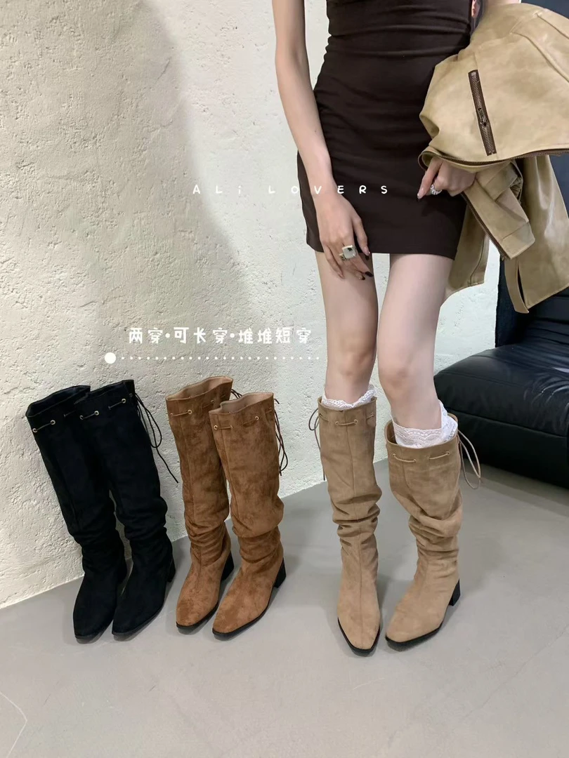 500-123时装靴女鞋骑士弹力厚底秋冬高跟复古高筒靴长靴过膝