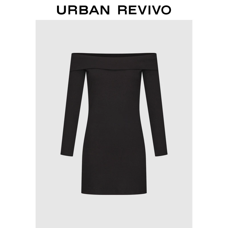 UR2025春季新款女装气质一字领修身长袖连衣裙UIY750004