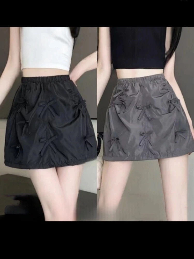 【葡萄家】蝴蝶结工装花苞半身裙大码美式松紧腰显瘦a字短裙