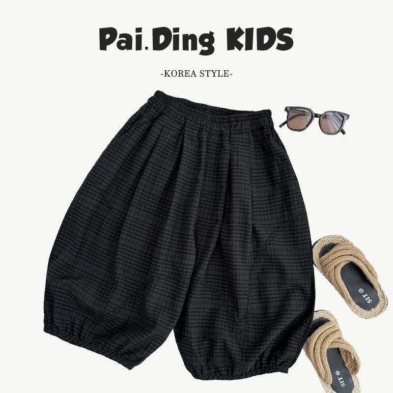 【小饭团】夏季男女童韩版宽松格纹肌理感九分防蚊休闲裤SJ5356