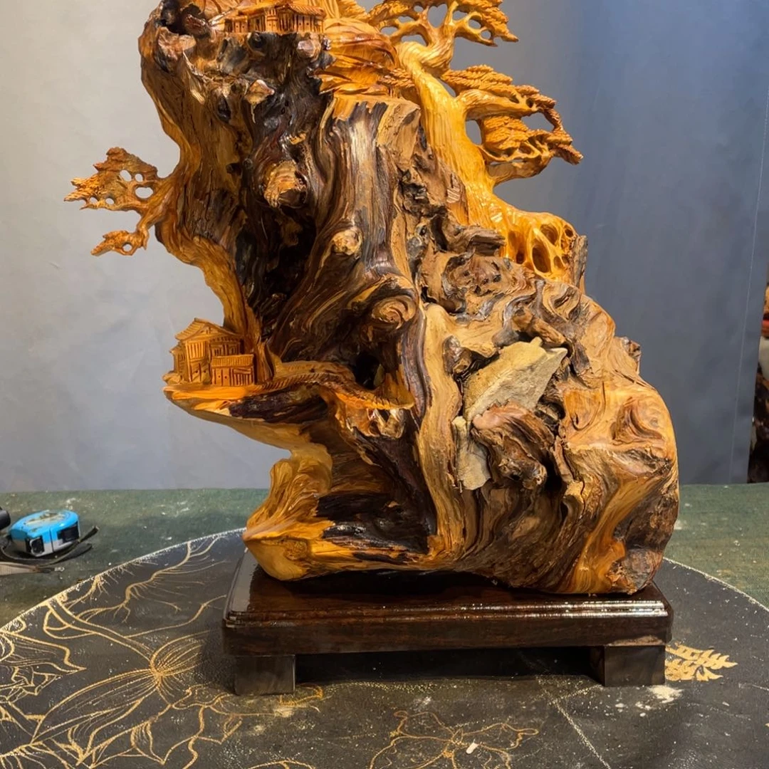 柏木（崖柏）黑油抱石精工意境山水