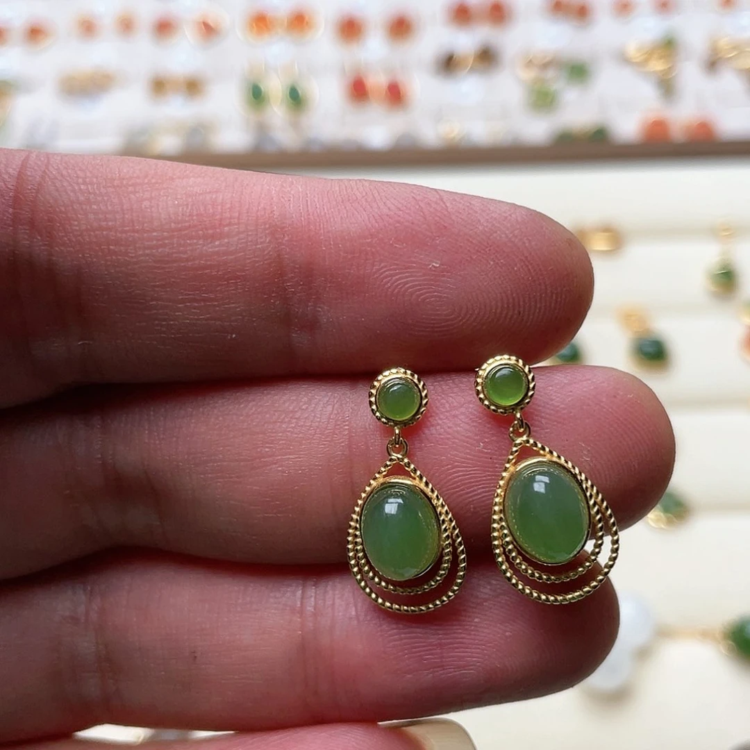 和田玉耳钉银S925镶嵌