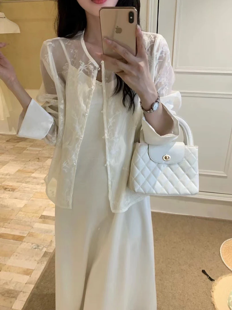 欧根纱开衫外套长袖缎面吊带连衣裙两件套女春夏