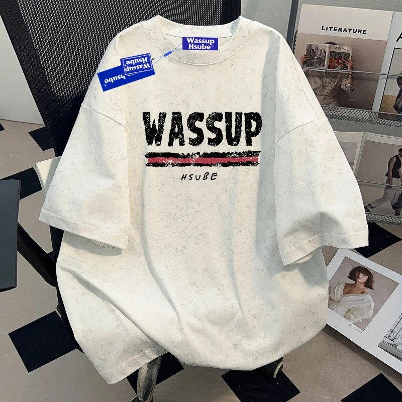 WASSUP HSUBE美式潮流字母印花短袖T恤夏季小众扎染纯棉上衣潮牌