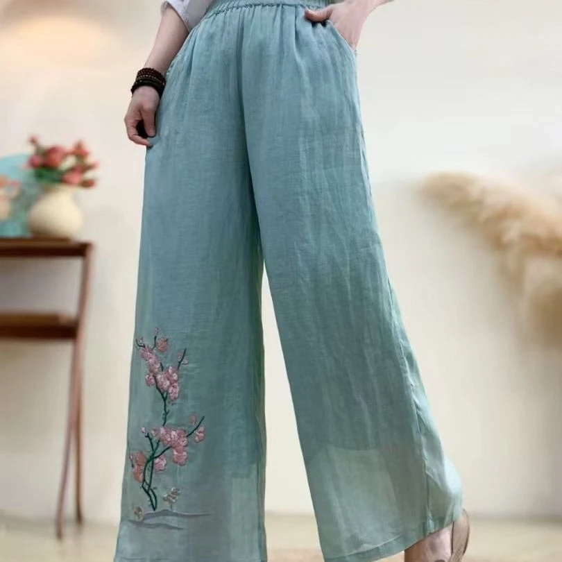 【现货运费险】春夏中式刺绣民族风休闲裤宽松阔腿裤子春夏高腰松紧
