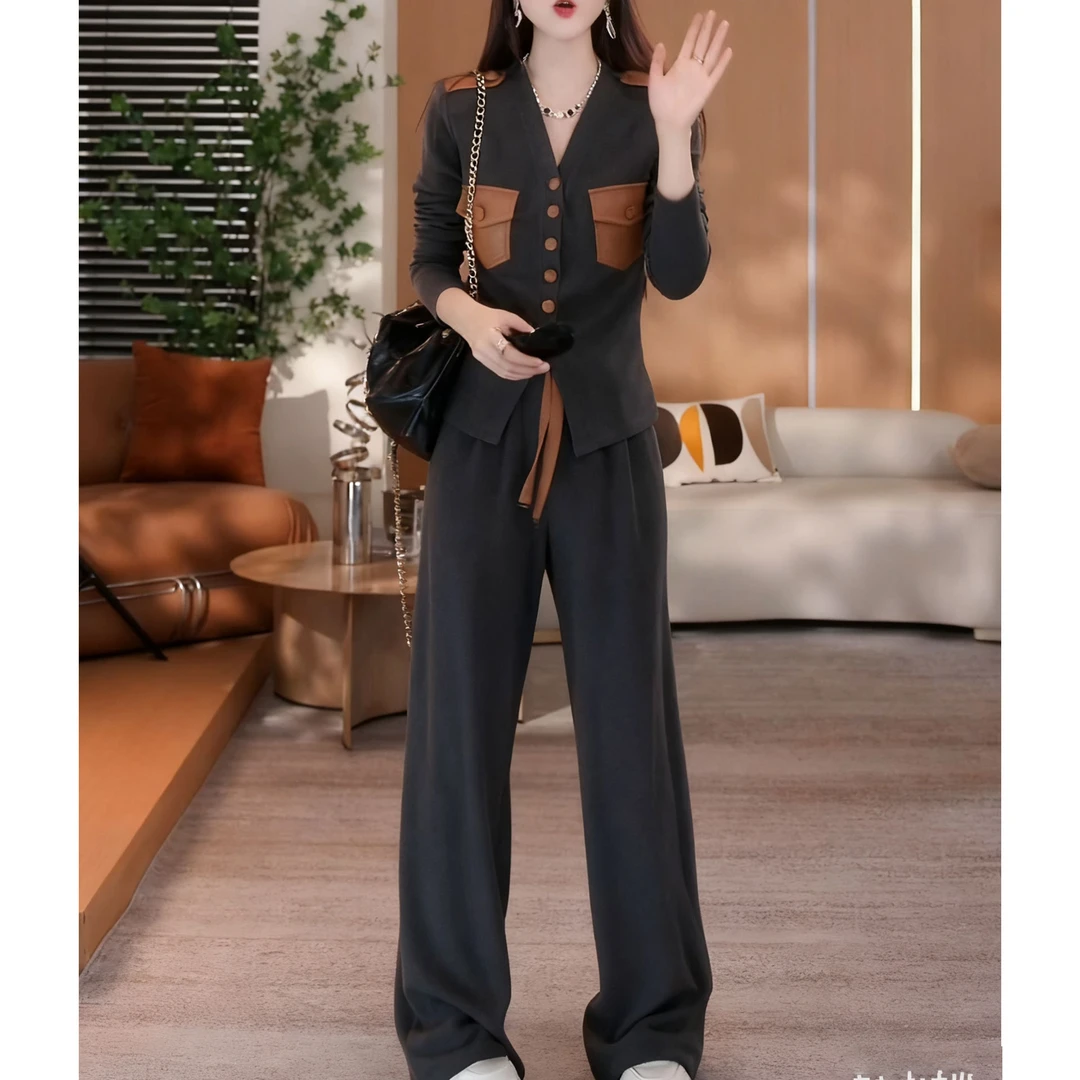 【秋冬时髦两件套】2025新款韩版单排扣V领长袖上衣垂感阔腿裤套