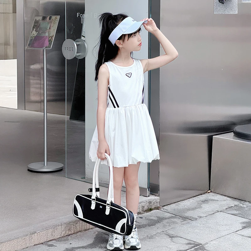 女童裙子2025新款小女孩夏季运动风背心连衣裙儿童夏装白色花苞裙