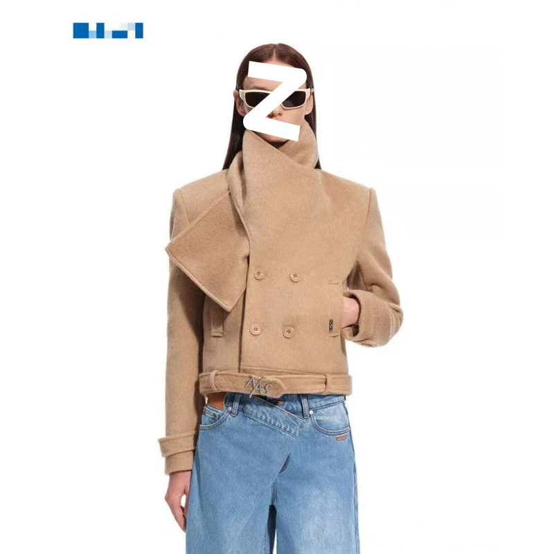 2025小众设计披肩毛呢外套罗斯系列绵羊毛短款正肩围巾毛呢外套