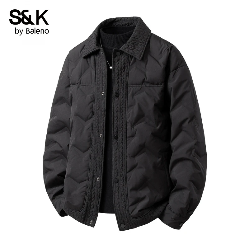 班尼路黑色翻领羽绒服男款秋冬季纹理单排扣宽松保暖防风休闲外套