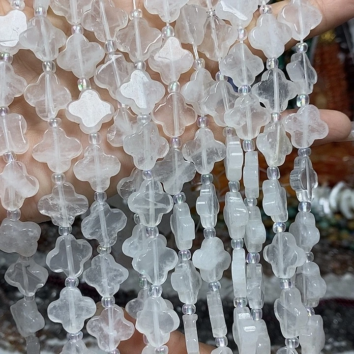 玛瑙/玉髓未镶嵌珠宝半成品天然白水晶四叶草卡15mm一条