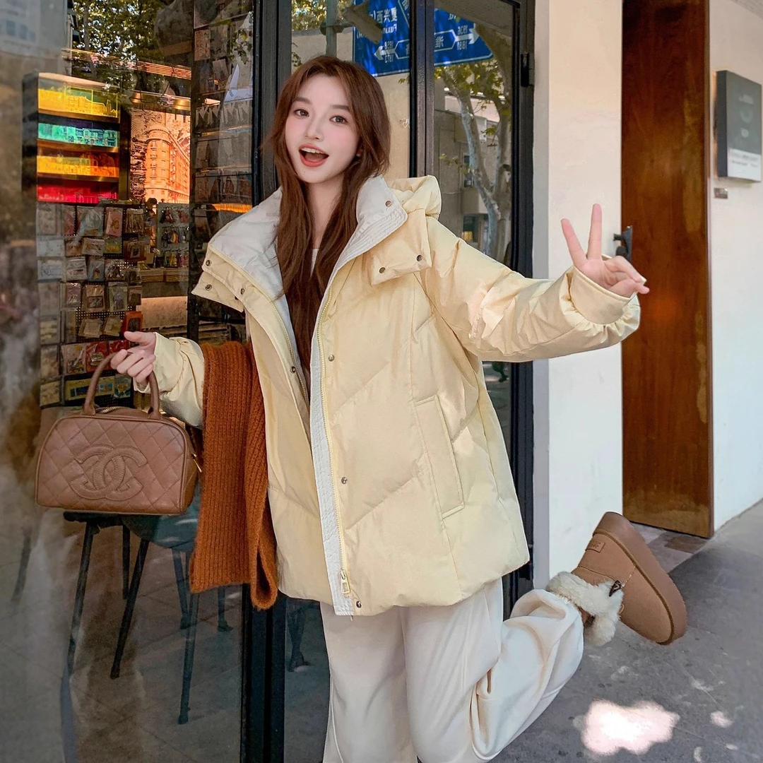 【豆豆】冬由记撞色大码羽绒服胖mm加肥加大宽松中长款鸭绒外套女