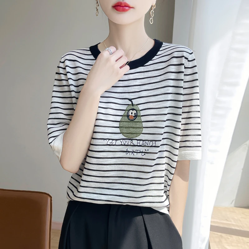 竹节麻牛油果刺绣条纹短袖针织衫显瘦减龄上衣