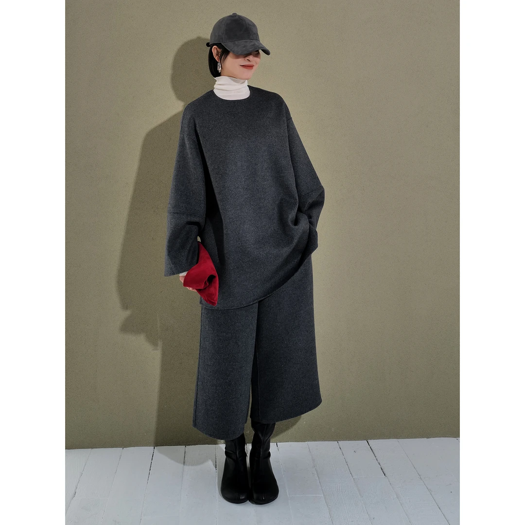 羊毛羊驼毛 高端双面呢 灰色毛呢上衣175703+8分毛呢阔腿裤156503