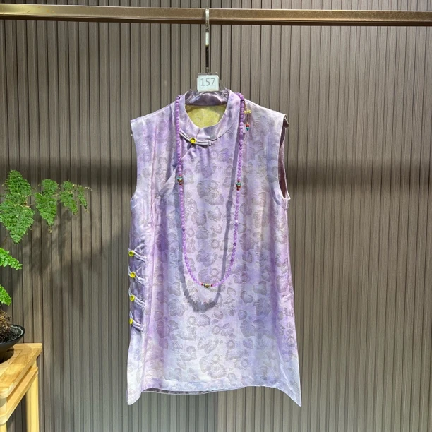 梦幻葫芦 新中式国风新款夏季桑蚕丝提花中长款奥黛背心上衣