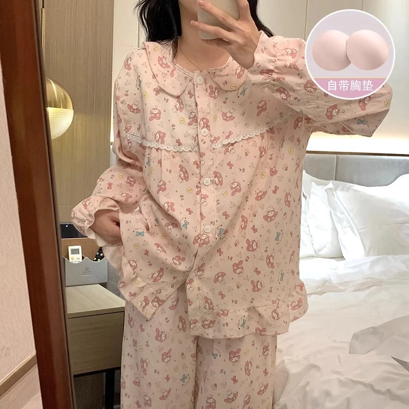 【美乐蒂】韩系甜美少女睡衣女春秋长袖套装可爱透气带胸垫家居服