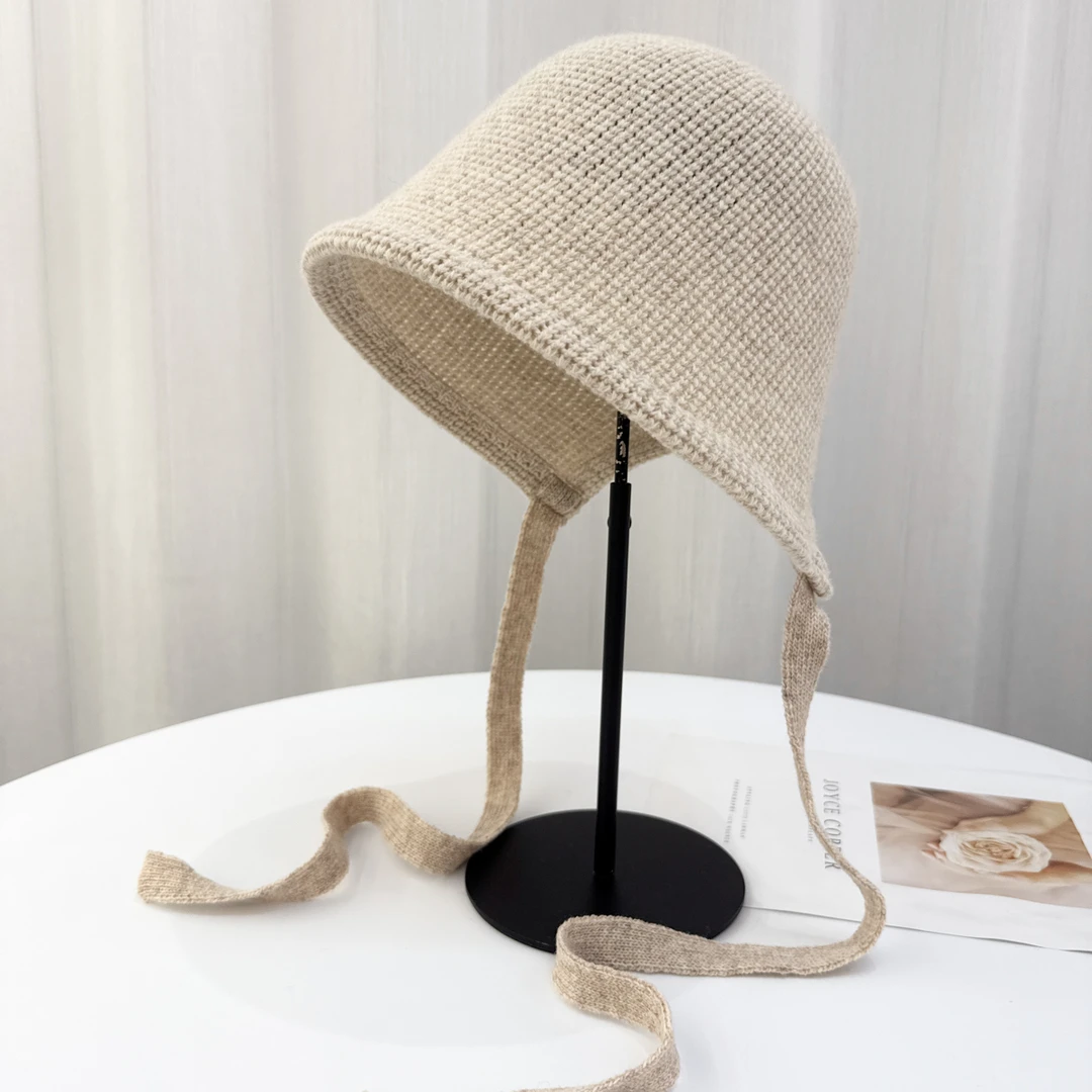 出日本单倪妮同款秋冬羊毛编织渔夫帽女针织飘带纯色百搭洋气盆帽