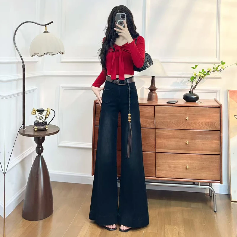 喜绚高级黑灰阔腿牛仔裤女2025春秋新款时髦穿搭气质辣妹喇叭直筒