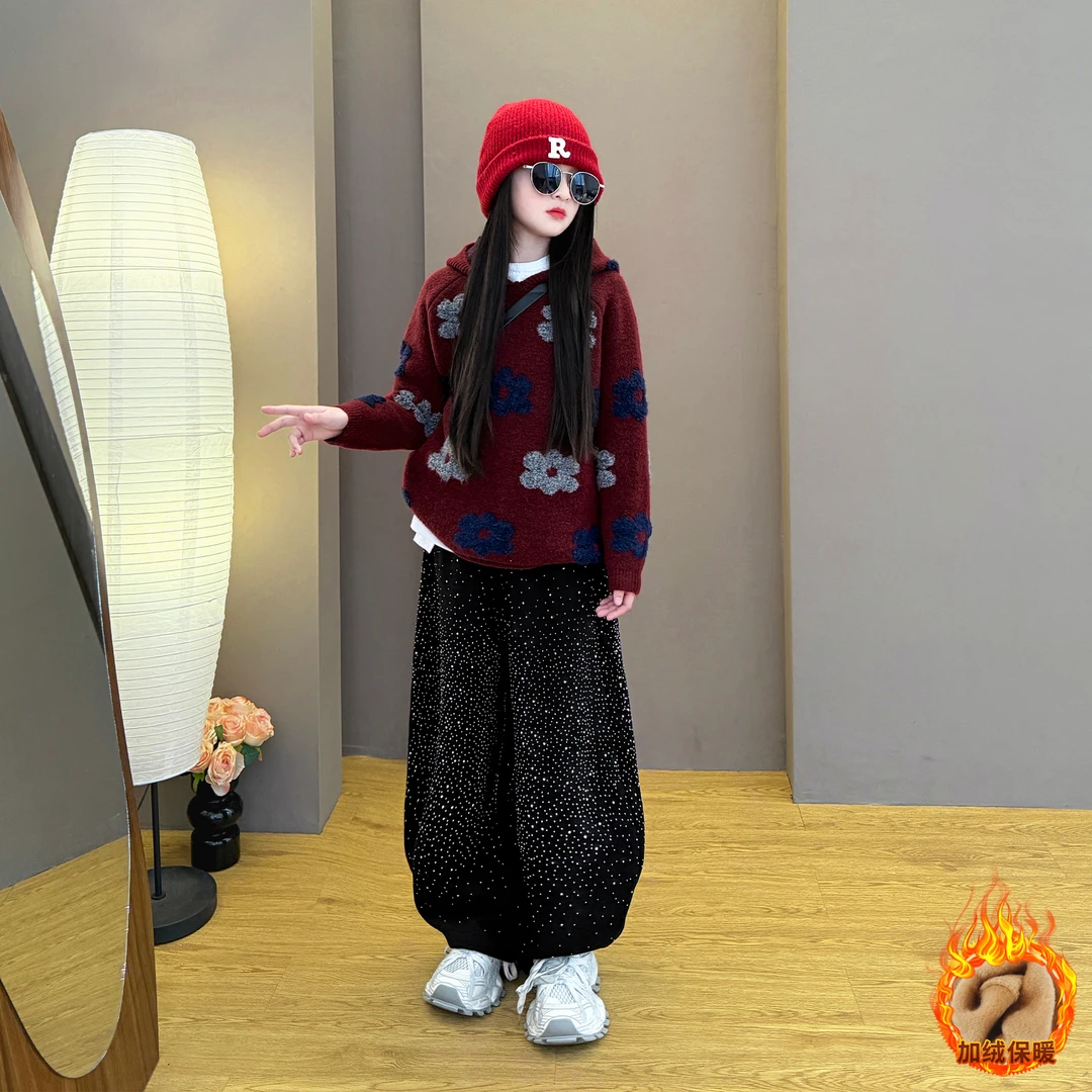 女童2025新款儿童秋冬季韩系时尚宽松甜美毛衣烫钻休闲裤两件套潮